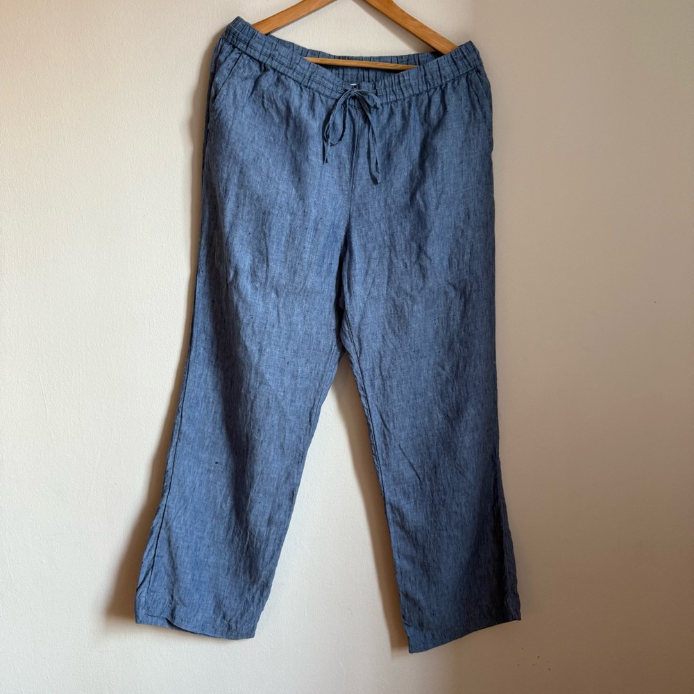 Charter Club Linen Luxury Pants Women L Blue 100% Linen Drawstring Relaxed Fit